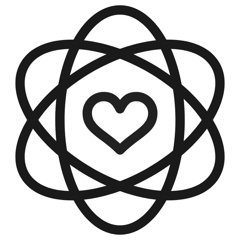 A black line drawing of a heart inside an atom-like structure with interconnected loops.