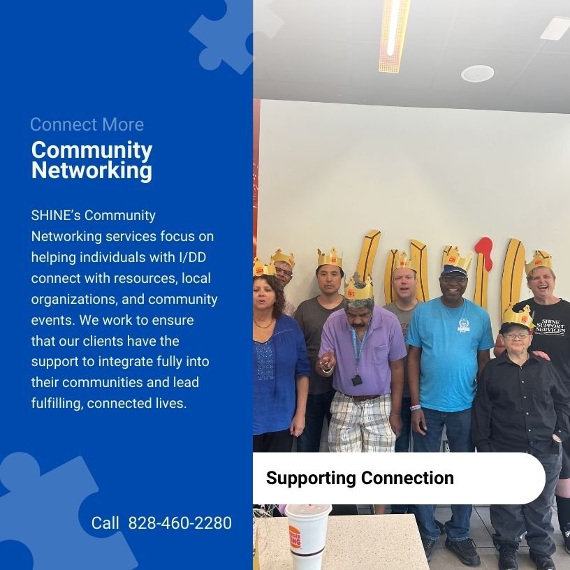 A group of people wearing paper crowns at a community event, standing in front of a decorated wall with numbers. The left side of the image has a blue sidebar with white text about community networking services, with a phone number at the bottom.