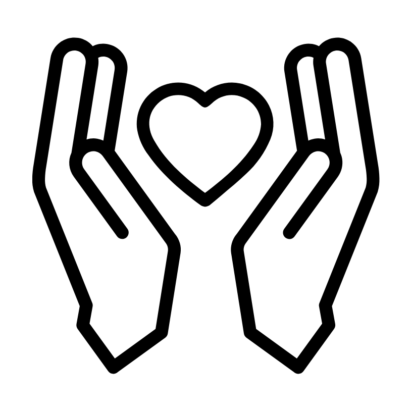 Outline drawing of two hands holding a heart.