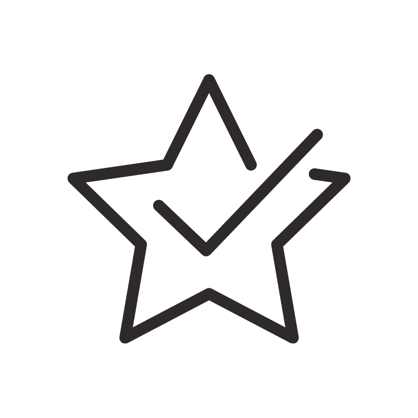 A simple black outline drawing of a star with a check mark inside it